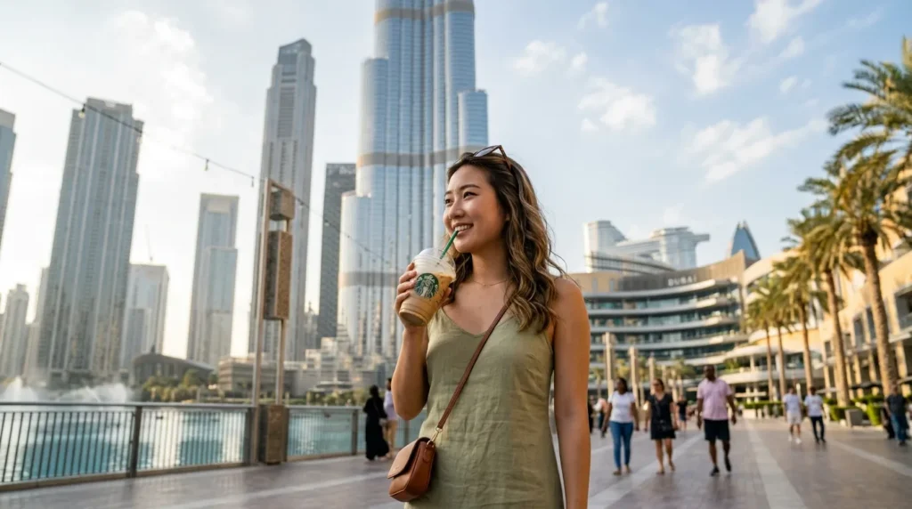 Tourist holding Starbucks iced coffee near Burj Khalifa and Dubai Fountain in Downtown Dubai