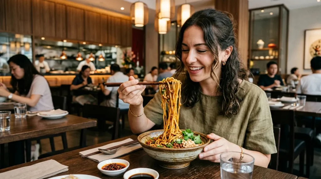 Tourist eating spicy Dan Dan noodles at Din Tai Fung Dubai Mall restaurant