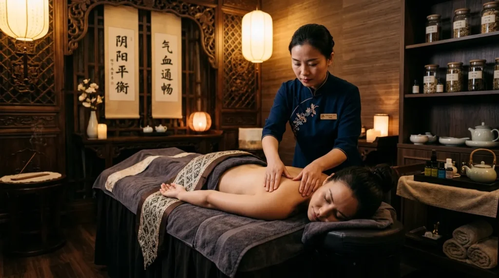 Traditional Chinese massage therapy session in a luxury spa with therapist applying pressure techniques for relaxation and muscle relief