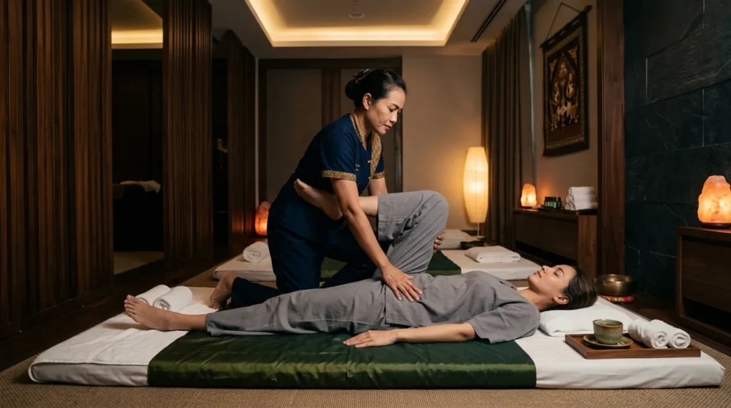 Traditional Thai massage therapy session in a luxury spa with therapist stretching client for relaxation and muscle recovery