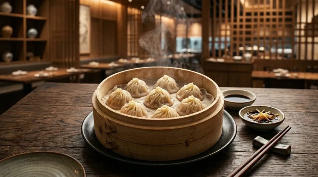 Steamed Xiao Long Bao dumplings served in bamboo basket at Din Tai Fung Dubai Mall