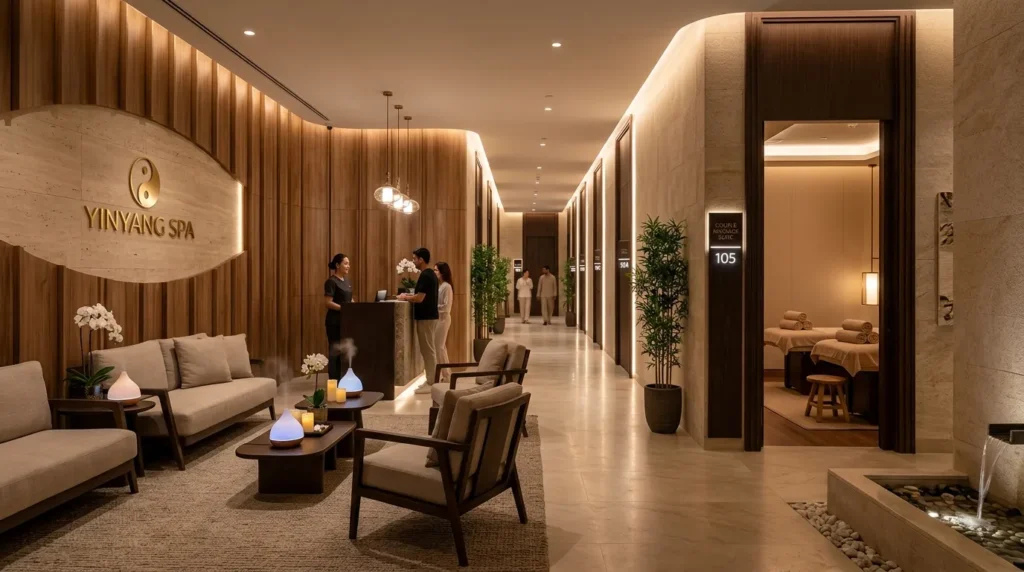 Yinyang Spa Dubai Mall luxury wellness interior with private massage treatment rooms and relaxing reception lounge in Chinatown Dubai Mall