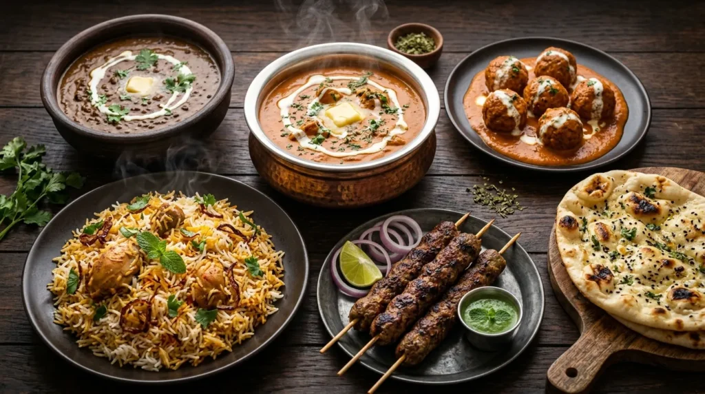 Indian dishes served on a wooden table with biryani, kebabs, naan, dal makhani, butter chicken, and malai kofta