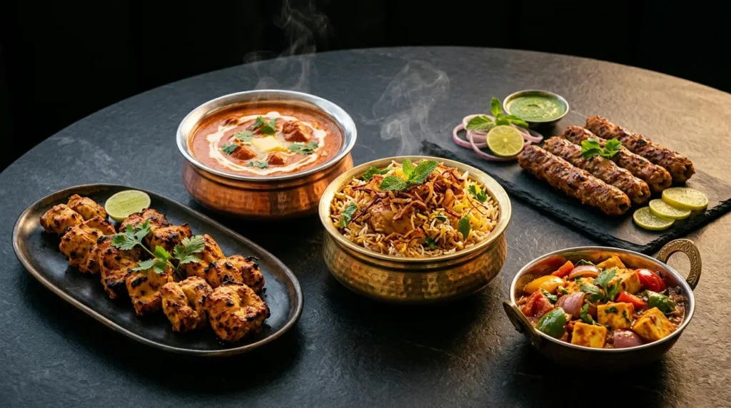 Indian dishes on a fine dining table featuring butter chicken, biryani, paneer curry, chicken tikka, and seekh kebabs