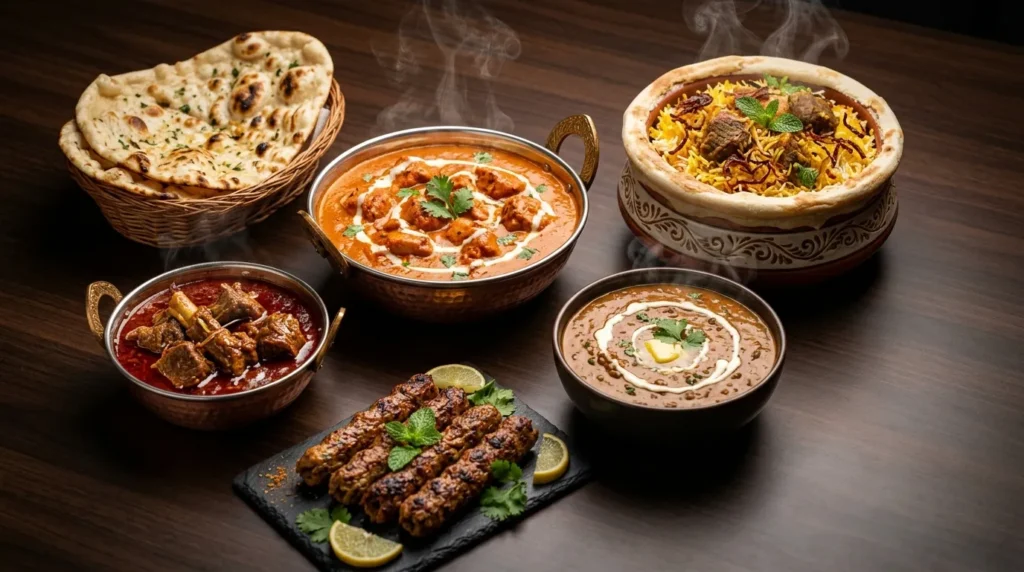 North Indian dishes on a table featuring naan, butter chicken, mutton curry, biryani, seekh kebabs, and dal makhani