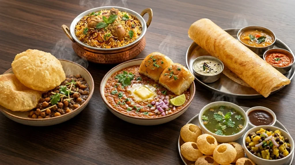 Popular Indian street food dishes featuring dosa, pav bhaji, pani puri, chole bhature, and chicken biryani