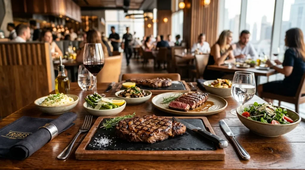 Tribes Dubai Mall signature dishes featuring premium steaks with gourmet side dishes in an elegant restaurant setting
