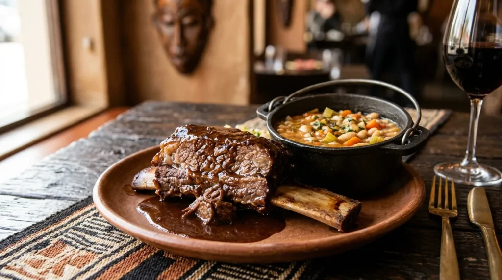 Tribes Dubai Mall Beef Short Ribs served with white bean and vegetable hot pot inspired by South African cuisine