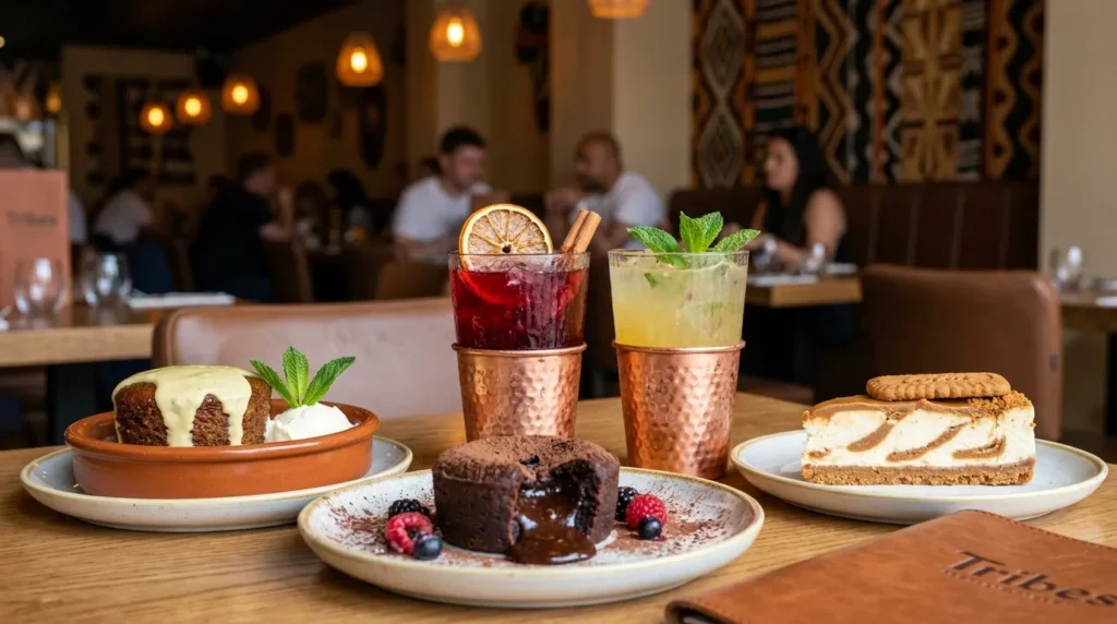 Tribes Dubai Mall desserts and drinks featuring Chocolate Lava Cake, Lotus Cheesecake, Malva Pudding, and signature mocktails
