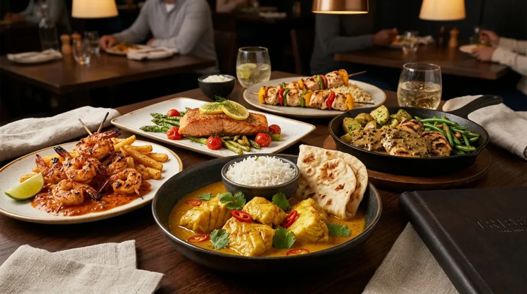 Tribes Dubai Mall seafood and chicken menu featuring Peri Peri Prawns, Cape Malay Fish Curry, Baked Salmon, and grilled chicken dishes