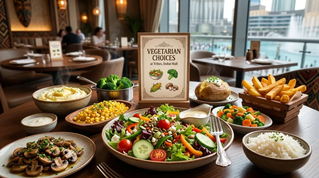 Tribes Dubai Mall vegetarian choices featuring fresh salad, sautéed mushrooms, steamed vegetables, baked potato, fries, and rice