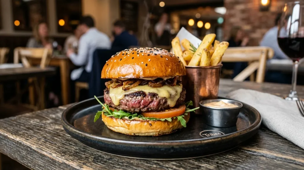 Tribes Dubai Mall Wagyu Burger served with steakhouse fries and signature burger toppings