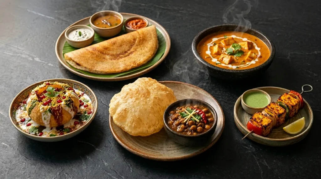 Vegetarian Indian dishes featuring dosa, paneer butter masala, chole bhature, dahi puri, and paneer tikka