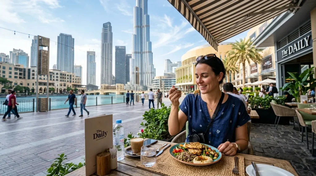 Outdoor café with Burj Khalifa views in Downtown Dubai