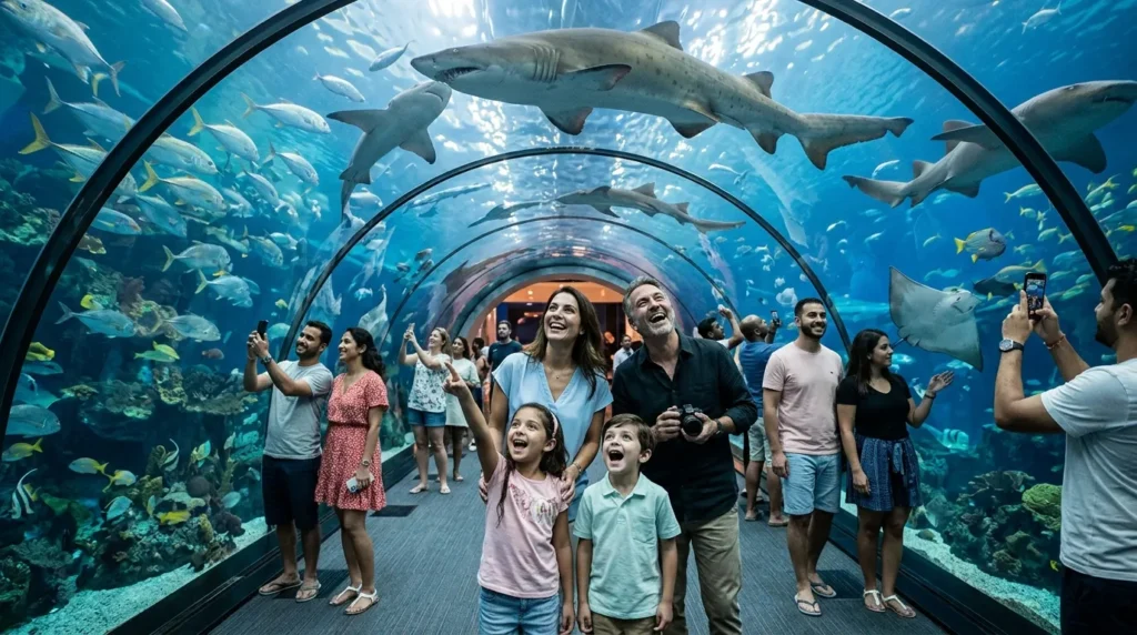 Visitors exploring Dubai Aquarium & Underwater Zoo in Downtown Dubai