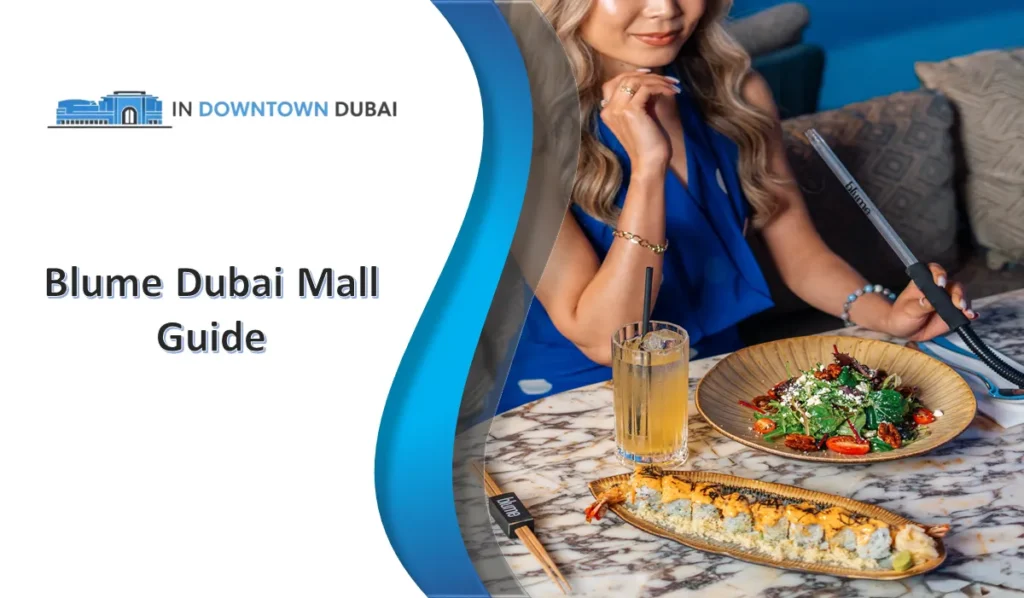 Woman enjoying sushi, salad, drink, and shisha at Blume Dubai Mall restaurant