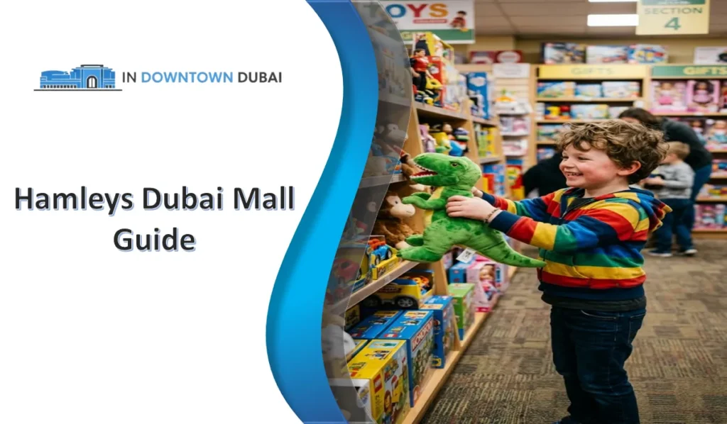 Hamleys Dubai Mall toy store guide with child browsing toys