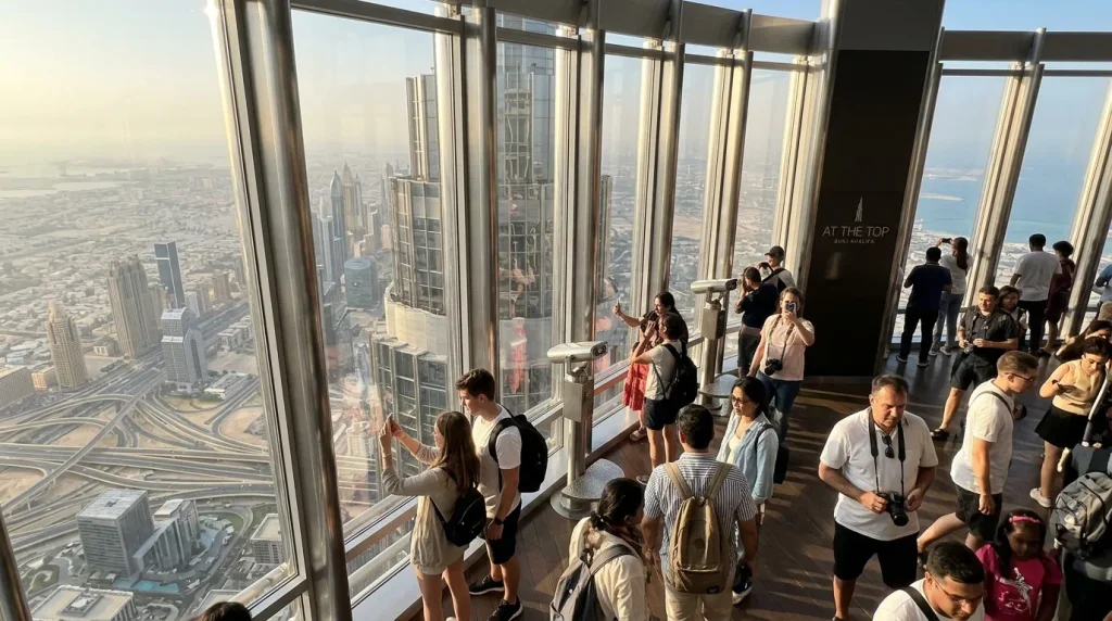 Tourists enhiying at the top Burj Khalifa