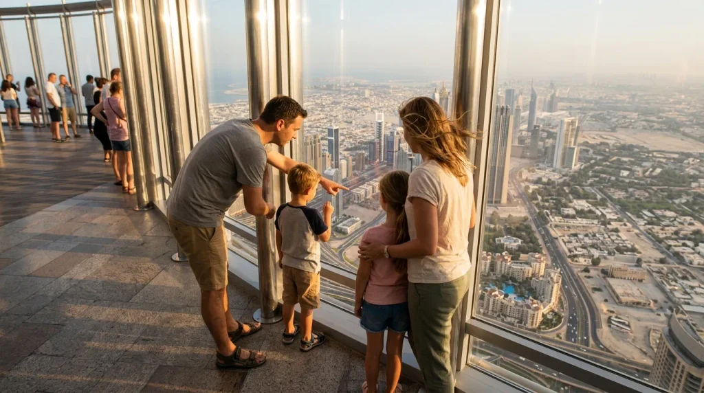 Families enjoying views of Dubai from at the top burj khalifa
