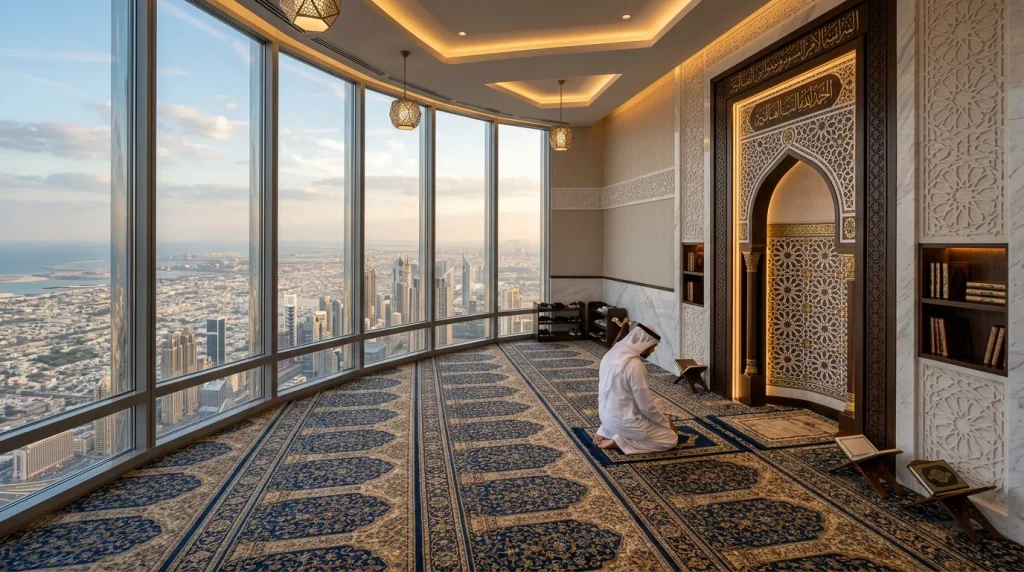 Burj Khalifa Floor 158 mosque interior with Dubai skyline views