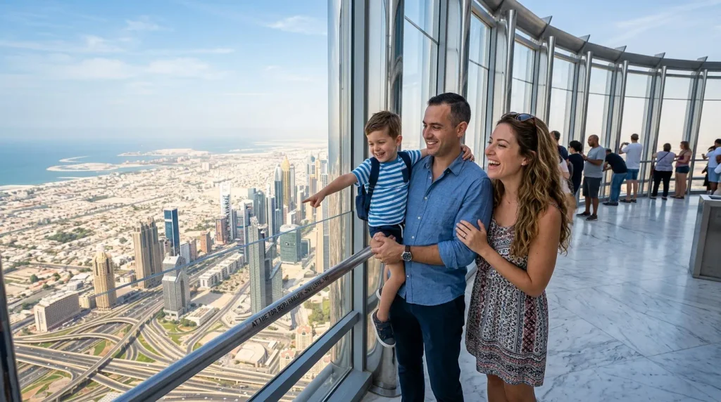 Alt tag: Family viewing Dubai from a Burj Khalifa observation floor