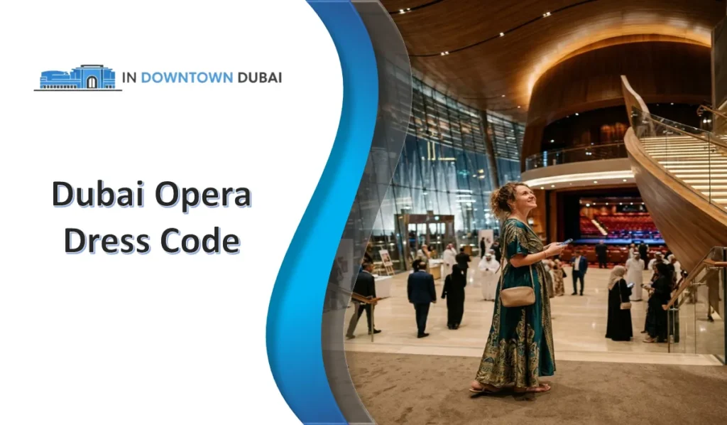 Dubai Opera dress code guide featuring the venue interior and visitors in elegant attire